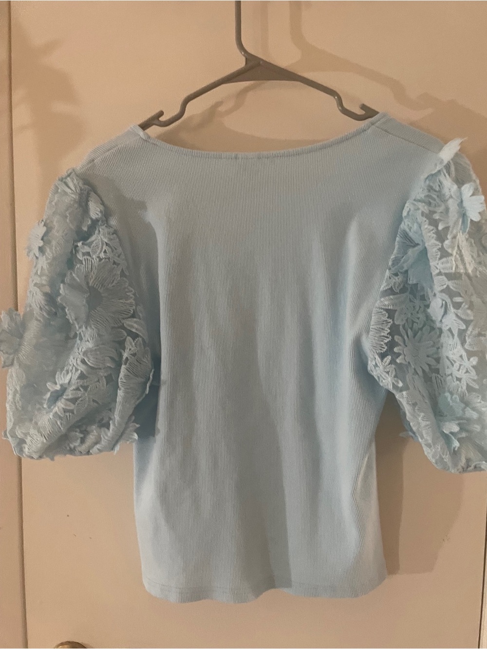 Dolan Light Blue Floral Lace Puff Sleeve Ribbed Top | M/L Boutique Romantic - Picture 3 of 9